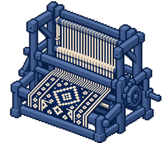 Pixel art illustration of a weaving loom